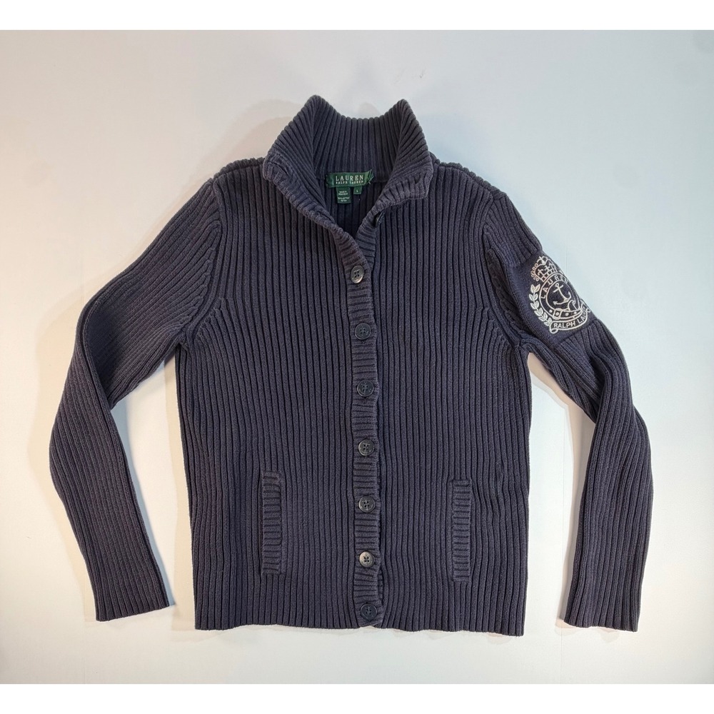 Lauren Ralph Lauren Navy Blue Ribbed Cotton Cardigan Anchor Crest Sweater Large